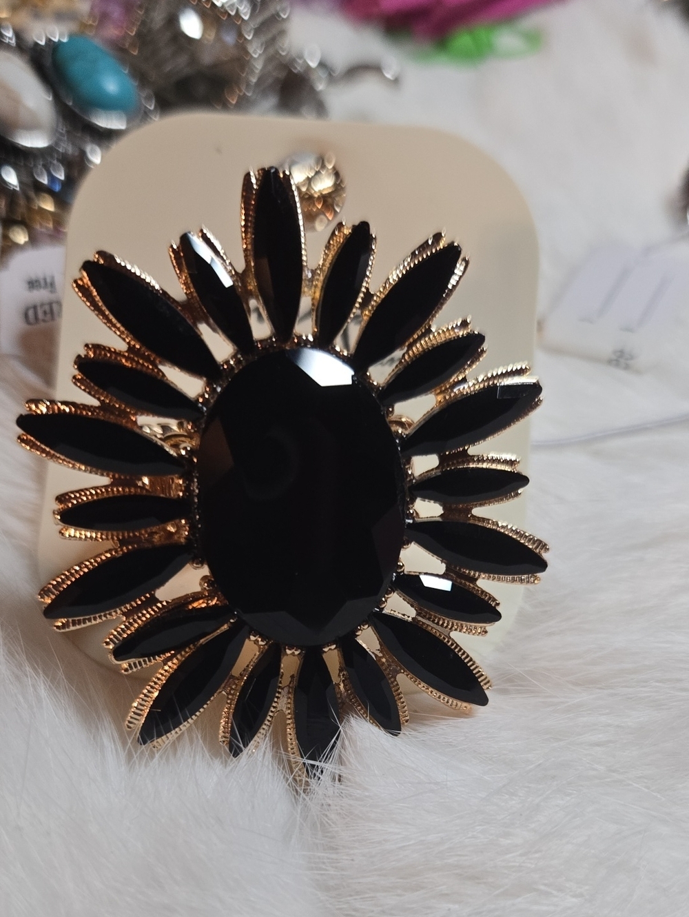 Elegant Black Sunburst Statement Adjustable Ring NWT